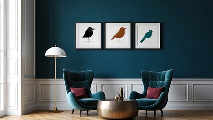 Teal room, three bird prints above plush teal armchairs