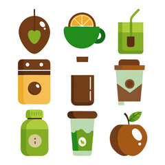 Assortment of fruits and beverages presented in flat style