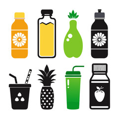 Colorful stylized beverages: juice, smoothie, and fruit icons