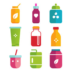 Nine brightly colored beverage containers on a white background