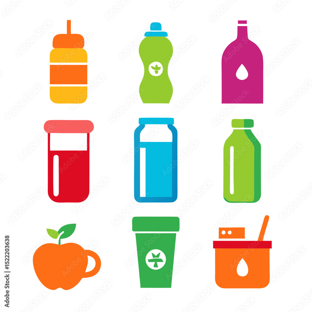 Poster flat design vector set of diverse colorful containers