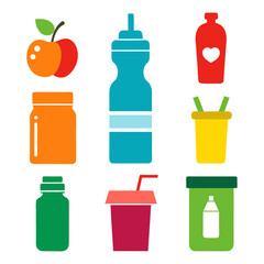 Colorful flat design icons of drinks and fruits set