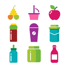 Flat lay of various colorful food and drink containers