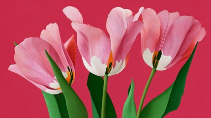 Fototapeta premium Three pink flowers are arranged in a vase on a red background. The flowers are in full bloom and their petals are open, creating a sense of freshness and vitality