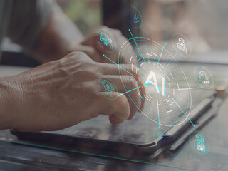 AI commands by pointing at text with your finger High-tech AI finger touching circuit board display