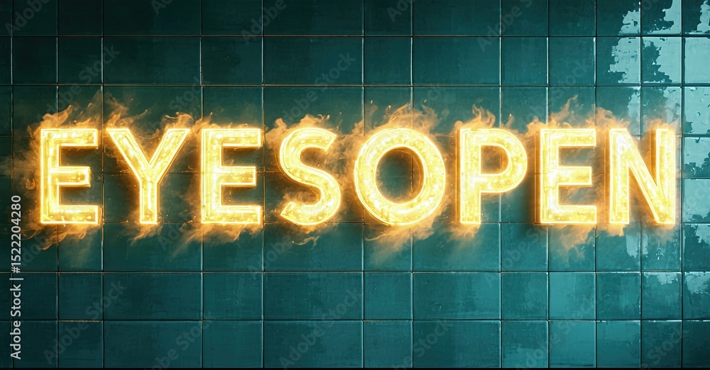 Poster bright text eyes open glows against tiled wall. dramatic lighting creates fiery effect. dark backgro