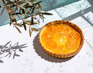 A golden-crusted tart topped with delicate orange slices, arranged in a circular pattern on a textured white surface. Soft shadows of plants add a natural, airy ambiance to the elegant composition.