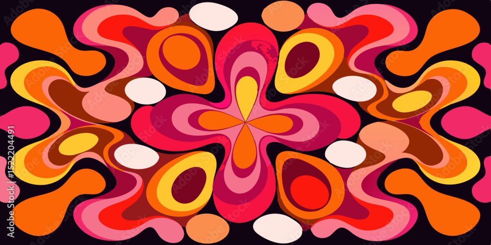 Poster abstract retro pattern with swirling shapes and circles in warm colors reminiscent of the 1960s and 