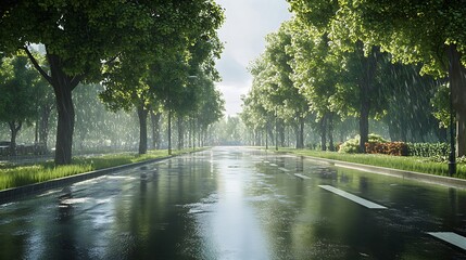 Wet City Street Lined With Lush Green Trees During a Rain Shower in Summer