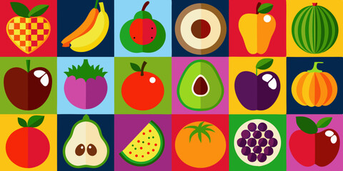 Colorful Grid of Stylized Fruits and Vegetables in a Flat Design Including Apples Bananas Avocados and Watermelon on a Bright Background