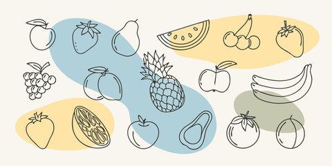 Line Art Fruit Illustration with Colorful Background Shapes Featuring Apples Bananas Pineapple Watermelon Strawberries and More