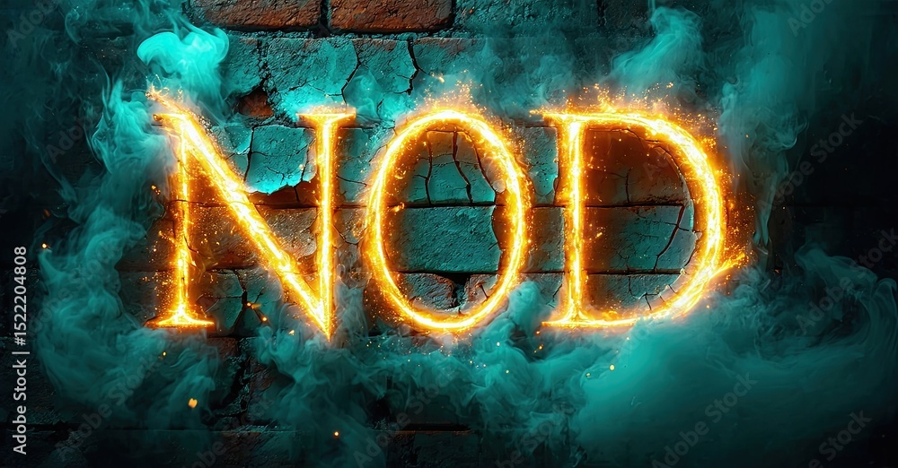 Aufkleber Fiery text spelling NOD over brick wall. Dramatic lighting, smoke effects create intense visual impact. Bold typography dominates composition.