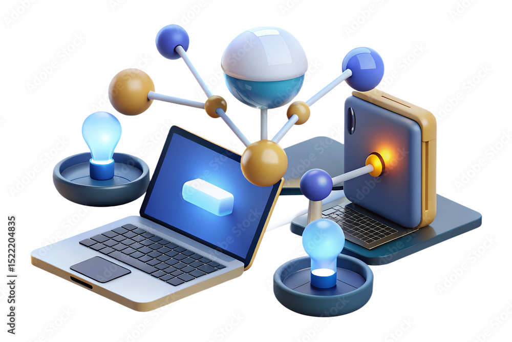 Poster 3d render of connected laptops and molecular structure representing innovation and technology