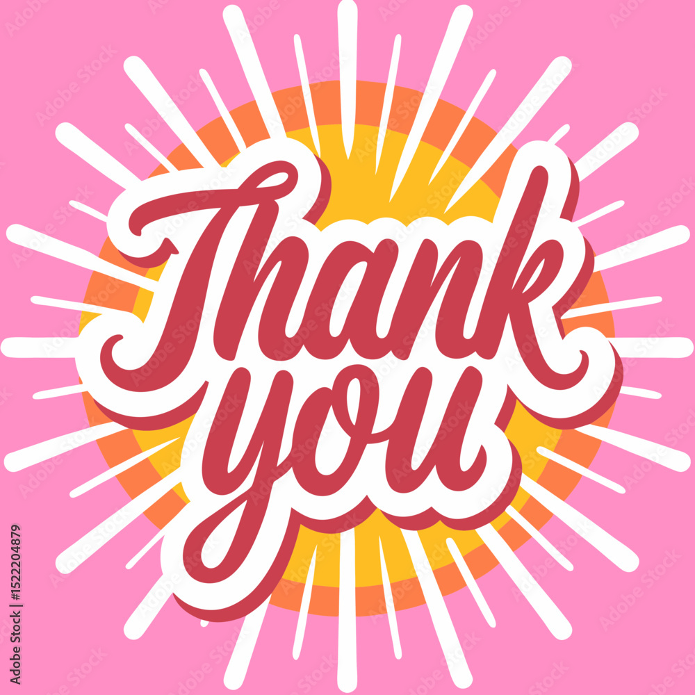 Poster Colorful Thank You Graphic with Bursting Rays and Retro Script Font on a Pink Background for Appreciation and Gratitude