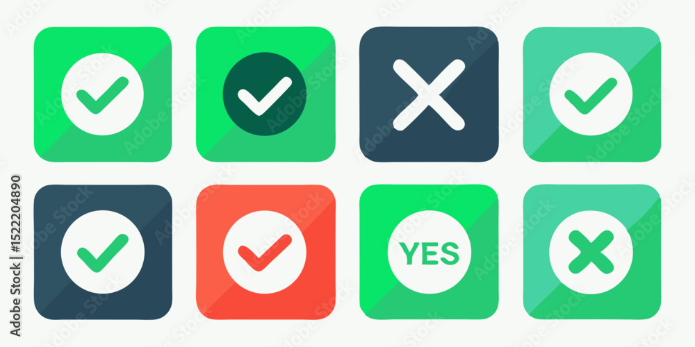 Poster colorful yes and no icons with check marks and crosses on rounded square buttons approval and reject