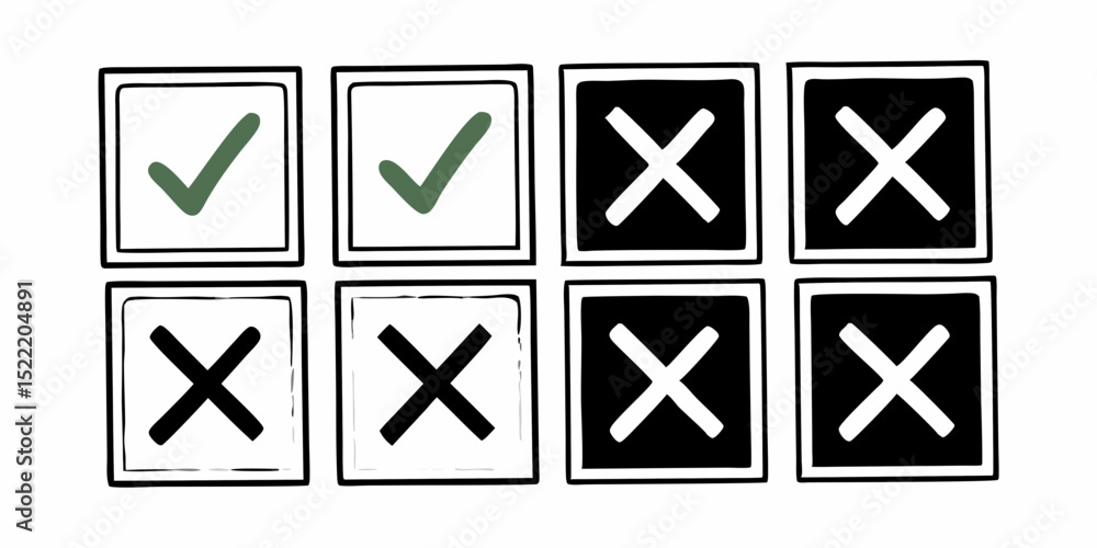 Poster hand drawn check mark and x mark icons arranged in a grid pattern on a white background