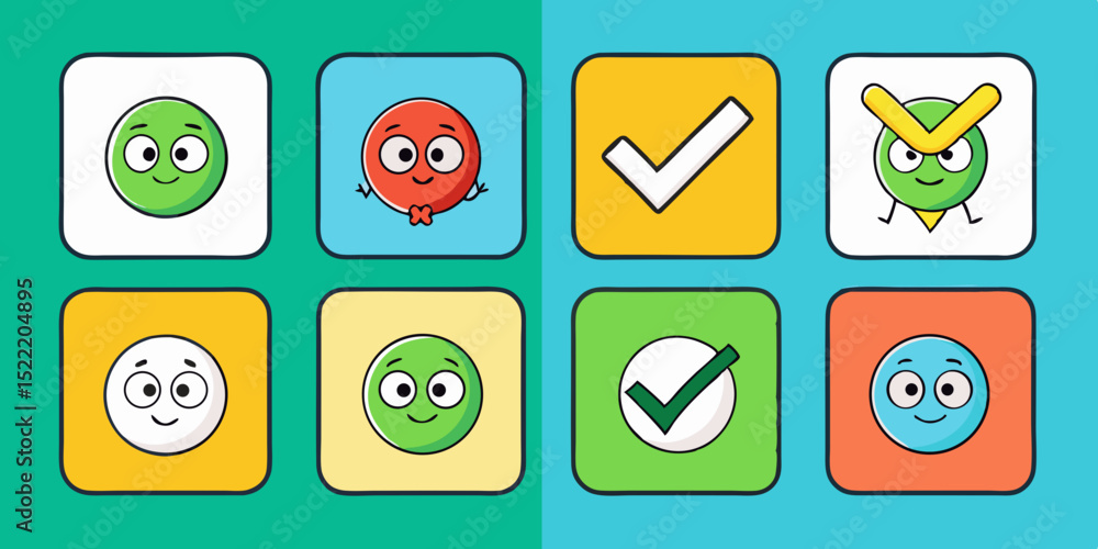 Poster set of cute cartoon emoticons and check marks in colorful square frames for social media and web des
