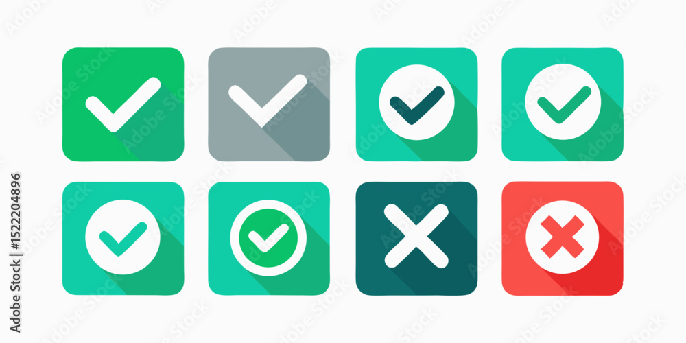 Poster check mark and cross mark icon set in various styles and colors for web design and application inter