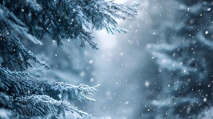 Snow-covered branches in a quiet winter forest, a serene moment of nature's tranquility.