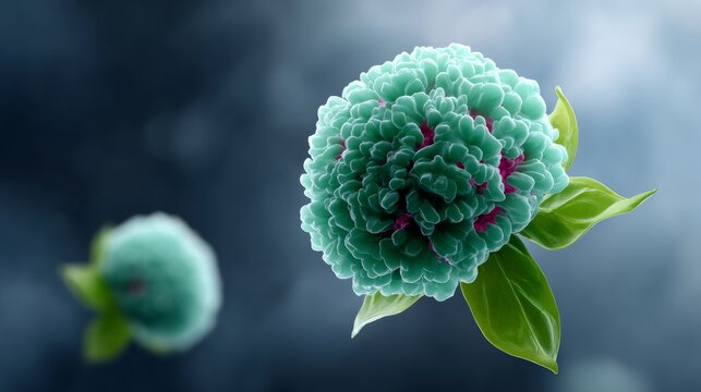 Green flower with a leaf on top of it. The flower is surrounded by a blue background