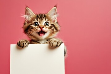 Ð¡ute cat laperm hold in front paws a prototype - large white drive sign. Isolated young cat cub on a solid dress code pink background. Pet ad white background. Critter holding message.