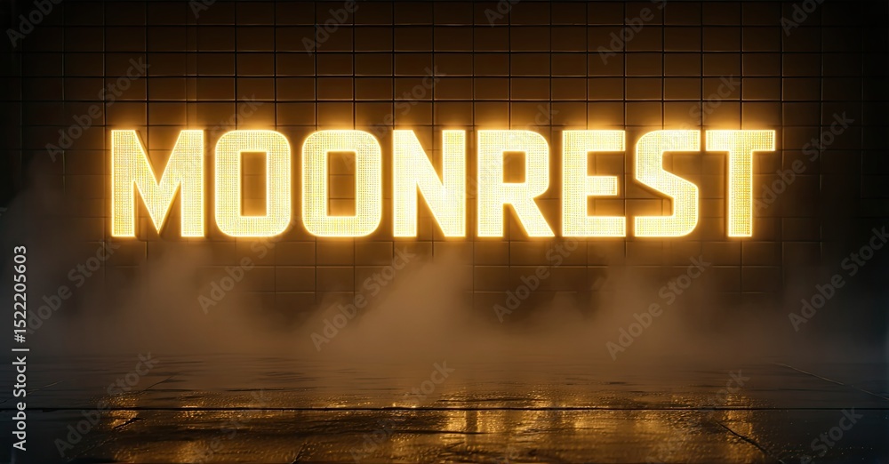 Aufkleber Bright MOONREST sign illuminates tiled wall. Fog covers wet floor creating dramatic effect. Minimalist, moody presentation.