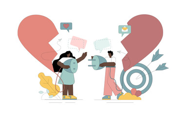 Love concept. Man and woman connect hearts. Dating in social networks Vector illustration