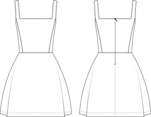 sleeveless strappy strapped square neck princess darted tailored zippered a line balloon short mini skirt template technical drawing flat sketch cad mockup fashion woman design style model 

