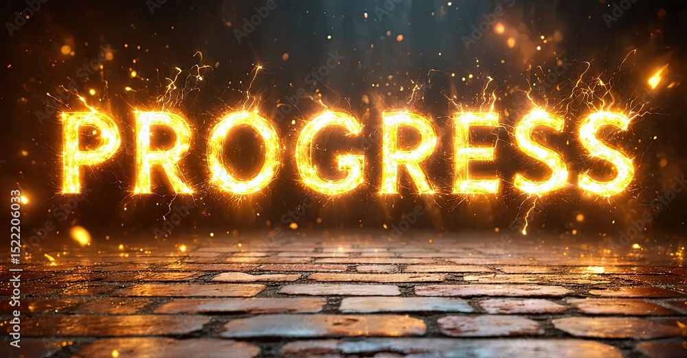 Aufkleber Bright word PROGRESS glows intensely. Dark background, brick surface below text. Sparks radiate from letters, creating dramatic effect.