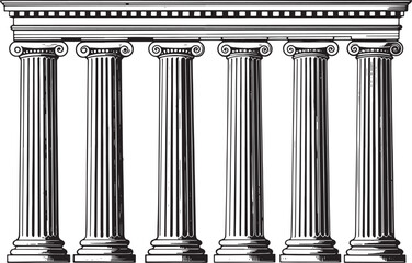 Classic Architectural Columns Elegant Row Woodcut Style Detailed