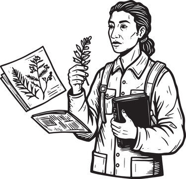 botanist studying plant specimen black and white clip art preview