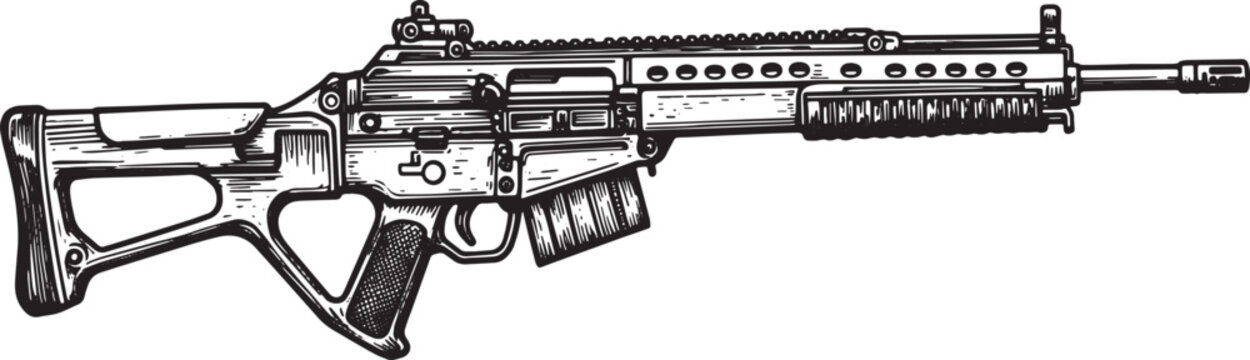 Detailed woodcut illustration of a G36 rifle showcasing its desi