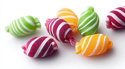 Bunch of colorful candy with a striped wrapper. The candy is in a variety of colors including green, yellow, and red