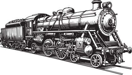 Detailed vintage steam train illustration in black and white woo