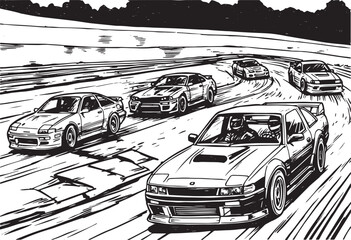 Monochrome woodcut illustration of a thrilling street racing sce