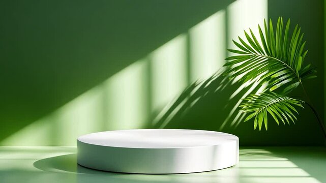 Serene Green Studio: Minimalist Product Display with Palm Leaf