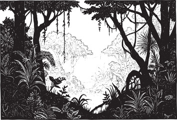 Monochrome Woodcut Illustration Depicting a Lush Jungle Landscap