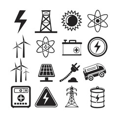 Fototapeta premium Electricity and Energy Glyph Icon Set – Black Silhouette Vector Pictograms of Lightning Bolt, Battery, Power Plug, Solar Panel, Wind Turbine, and Electrical Safety