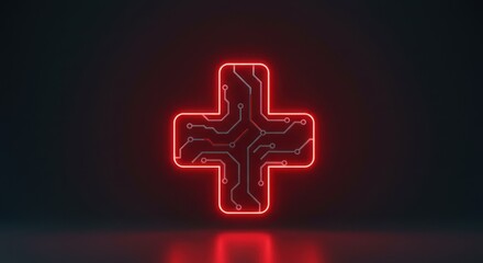 Glowing Red Medical Cross with Circuit Board Pattern on Dark Background