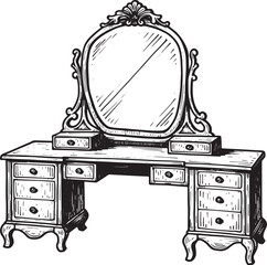 Vintage vanity set woodcut drawing black and white detailed illu