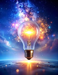 Birth of Breakthrough Idea. Luminous Light Bulb from Cosmic Dust, Representing Innovation, Inspiration, and Creative Problem Solving.