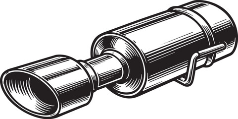 Detailed Woodcut Illustration of a Car Exhaust Pipe in Black and
