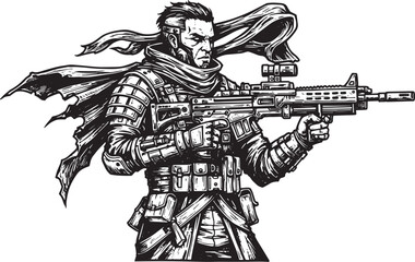 Obraz premium Monochrome Illustration of a Futuristic Soldier Ready for Combat