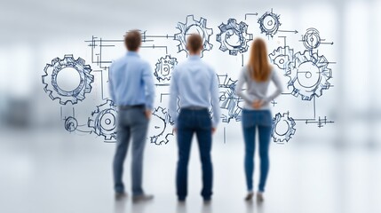 Team viewing gear mechanism sketch, Business concept with gears, Process planning and system thinking illustration