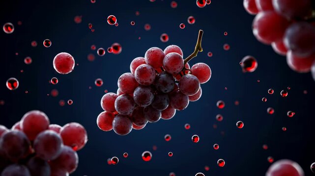 Red grapes floating in dark water with small red bubbles. Healthy organic fruit and natural beverage concept. Abstract food footage.