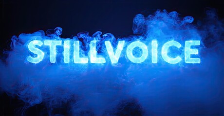Bright blue text reads STILLVOICE amid swirling smoke. Dark background creates dramatic visual impact. Minimalist design focuses attention on message.