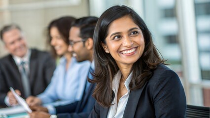 Smiling Indian Businesswoman Executive Leading Corporate Meeting with Diverse Colleagues	
