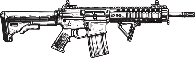 Detailed woodcut style illustration showcases the HK416 assault