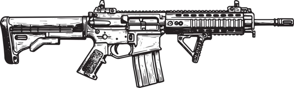 Detailed woodcut style illustration showcases the HK416 assault