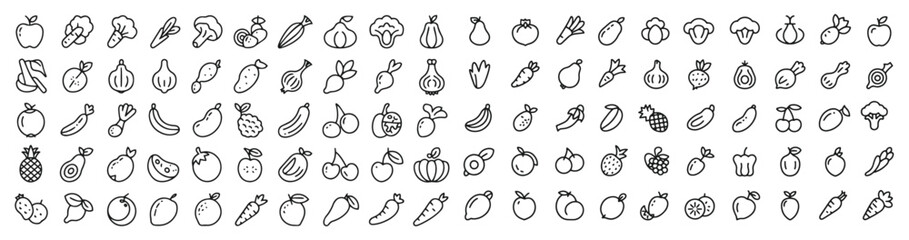 Fruits and vegetables, food, healthy, grocery, vegetarian, natural, fresh, Editable stroke line icons. Vector illustration 